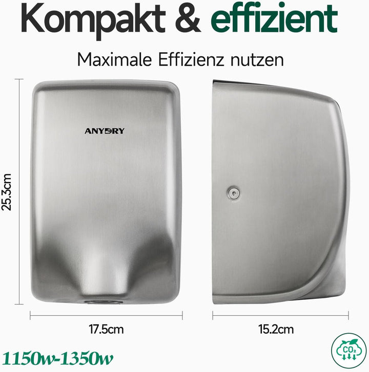 anydry 2803Y Mini-Händetrockner, Hochgeschwindigkeits-Luftstrom 1350W, Edelstahl-Gestrahlte Oberfläc