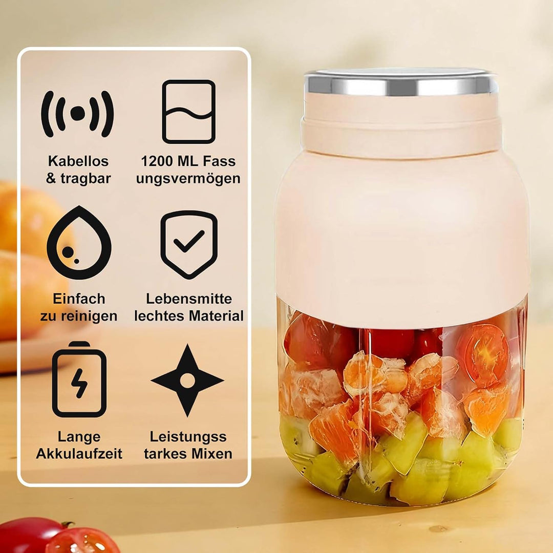 Tragbarer Mixer, Smoothie Maker to go, 1200 ml Blender Bottle mit 38 Klingen, Fresh Juice Mixer Flas
