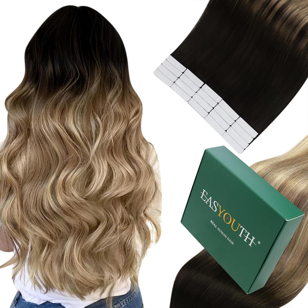 Easyouth Balayage Tape in Extensions Echthaar Schwarz Echthaar Tape in Extensions Schwarz Balayage A