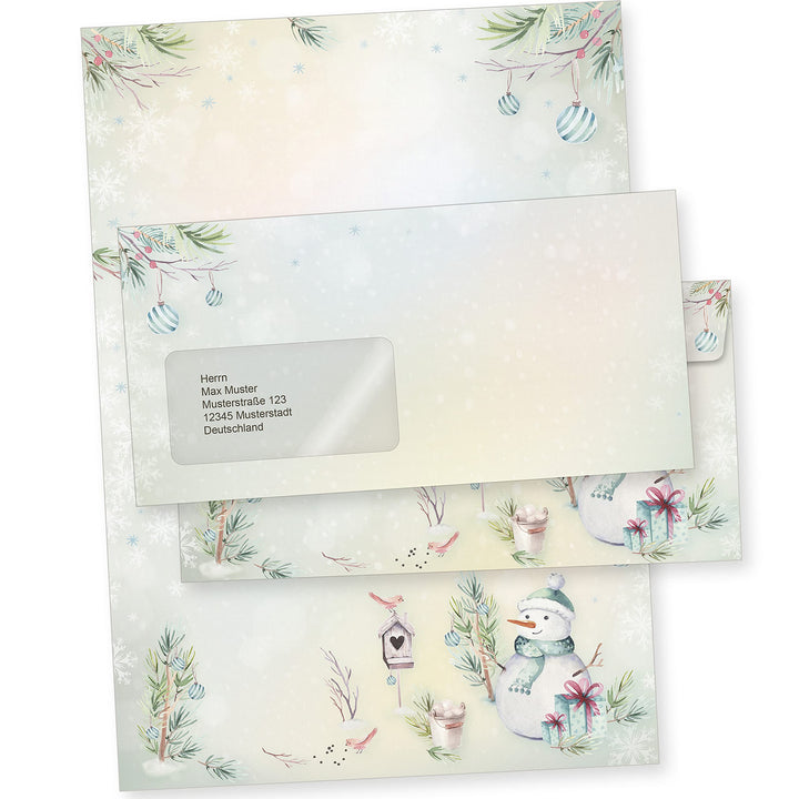 Flöckchen 100 Sets Weihnachtsbriefpapier mit Fensterumschlag, Briefpapier Weihnachten A4 mit Umschla