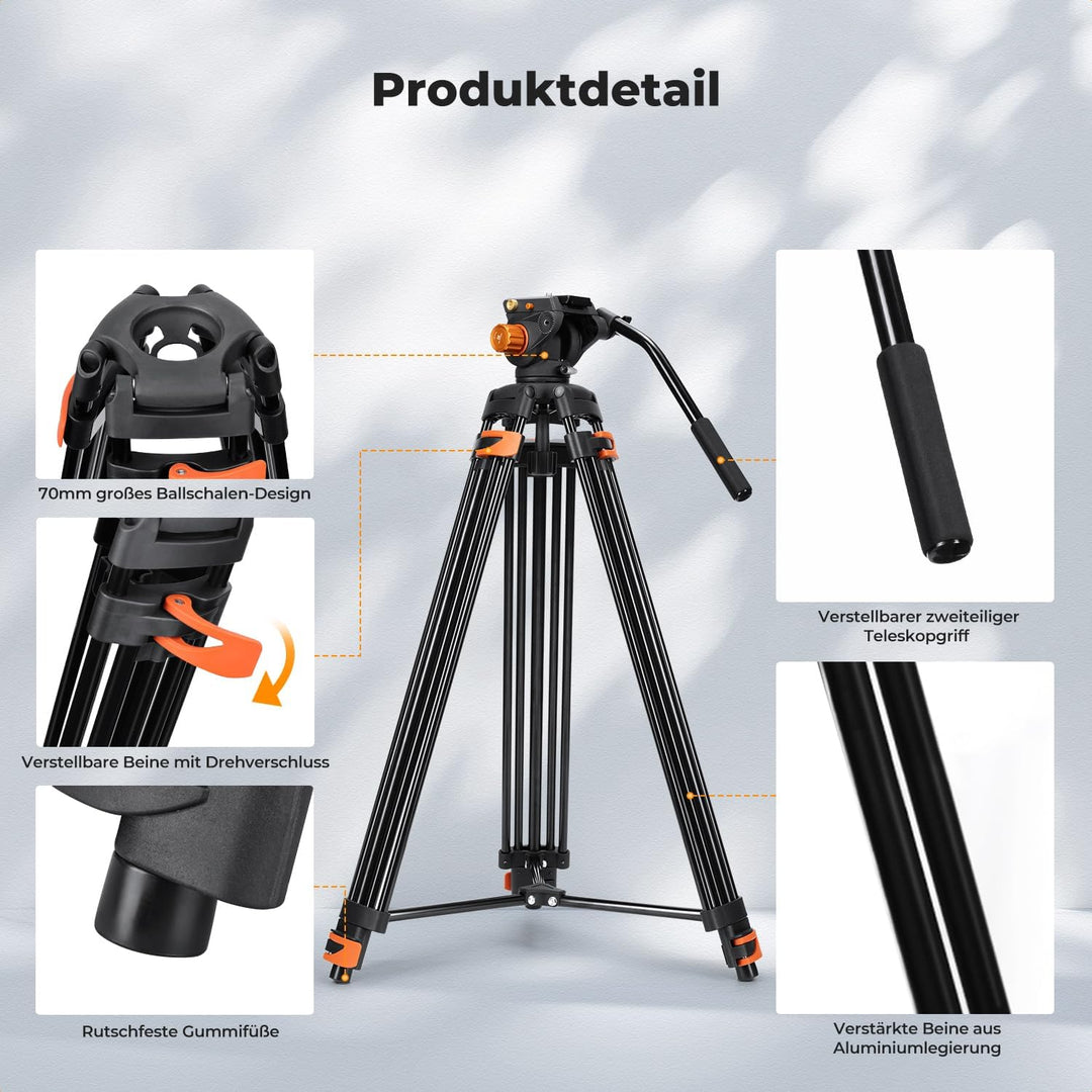 K&F CONCEPT 202cm Videostativ mit Fluidkopf, Robustes Kamerastativ aus Aluminiumlegierung mit Schnel