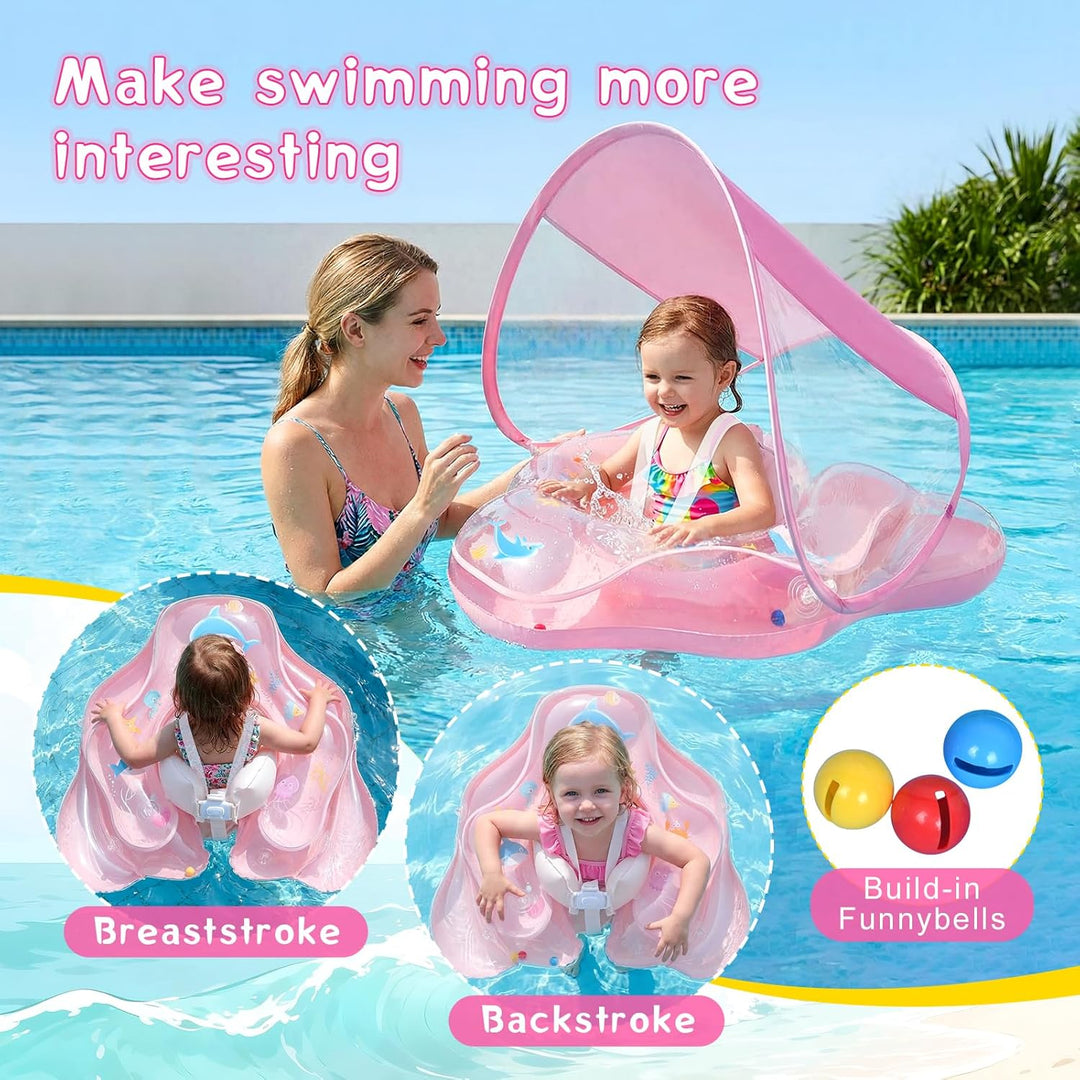 Baby Schwimmring mit abnehmbarem Sonnenschutz und Glöckchen, inklusive 1 x Handpumpe und 2 x Reparat