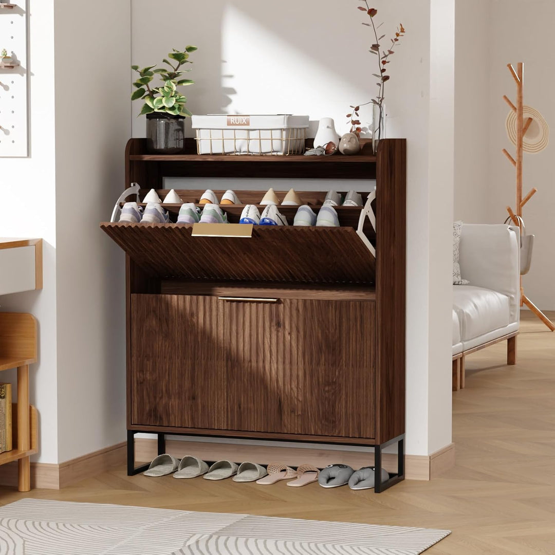 Bonnlo Schuhschrank mit 2 Klappen, Schuhregal mit geriffelte Türen, Schuhkipper Schmal, Schuhaufbewa