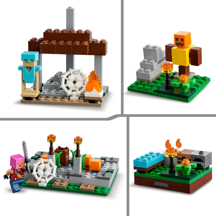 LEGO 21190 Minecraft Das verlassene Dorf, Spielzeug mit Zombiejäger Lager, Werkstatt, Farm und Haus