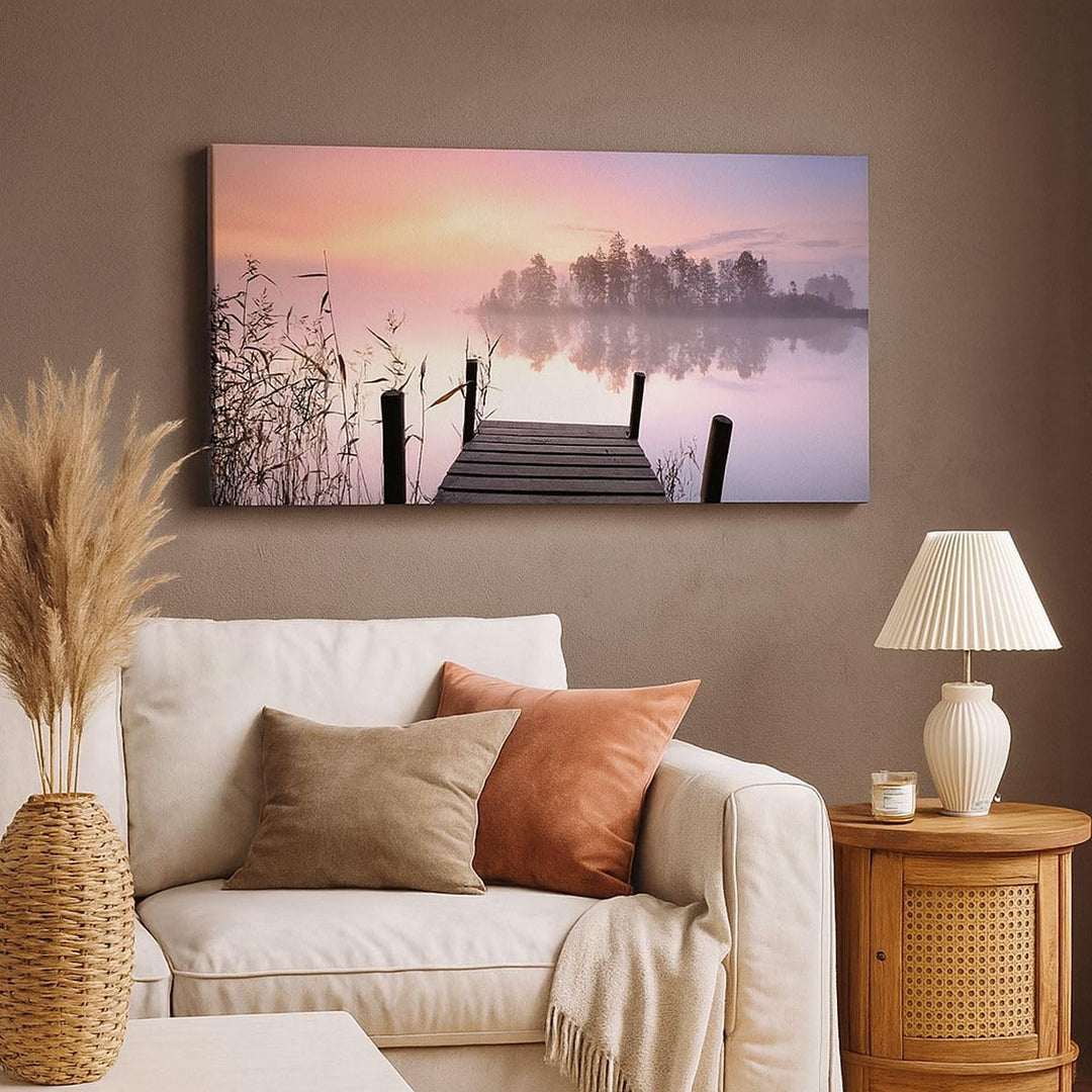 Wandbilder Dekoration Wohnzimmer Morgen Sonnenaufgang Nebel See Panorama Bilder auf Leinwand 120x50c