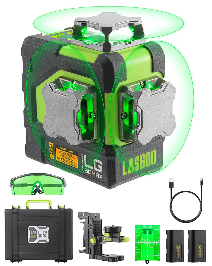 LasGoo LG-3DMAX 3x360° grüner Laser-Wasserwaage, 3D selbstnivellierend, 2 wiederaufladbare Batterien