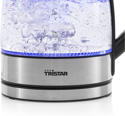 Tristar Wasserkocher (Edelstahl und Glas) mit 1,7 Liter Fassungsvermögen - 360° rotierbar mit Wasser