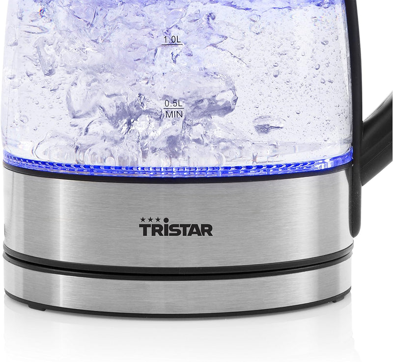 Tristar Wasserkocher (Edelstahl und Glas) mit 1,7 Liter Fassungsvermögen - 360° rotierbar mit Wasser