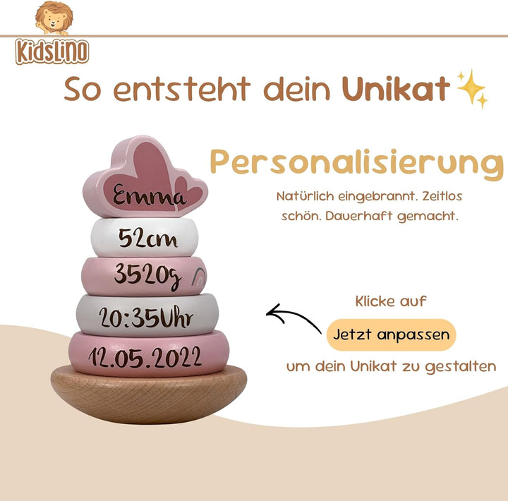 Personalisierbarer Holz-Stapelturm Rosa – fördert Feinmotorik & Koordination – für Kinder ab 12 Mona