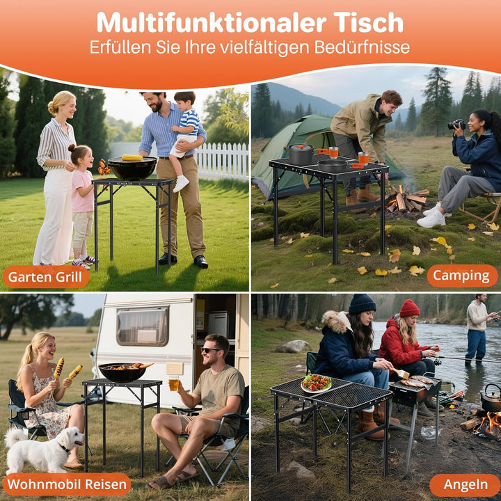 FUNYKICH Klappbar Grilltisch 60 x 40cm, Tragbarer Campingtisch Outdoor mit 3 Höhenverstellbar(27/51/