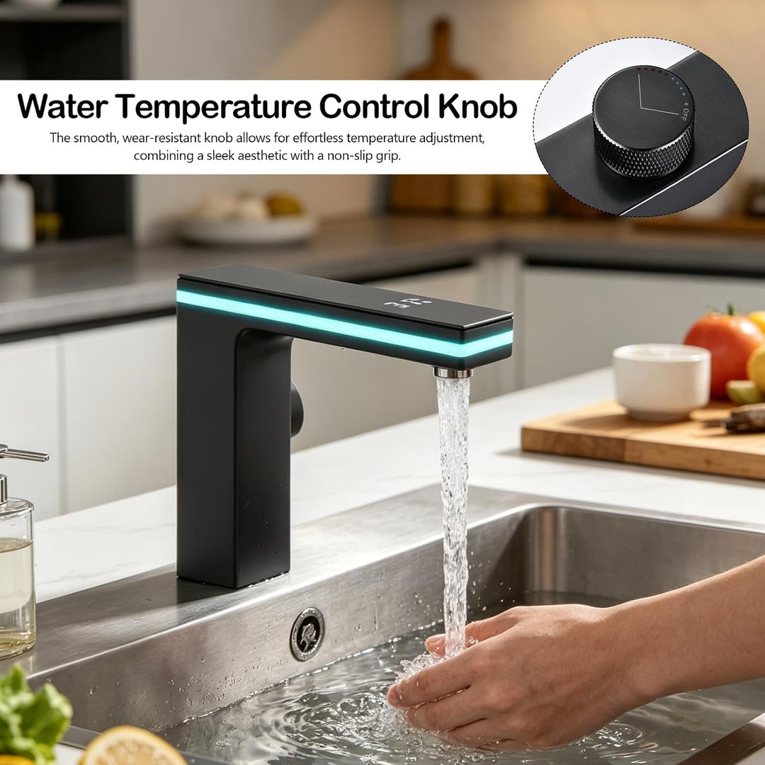 Mischbatterie Wasserhahn Badezimmer, Wasserhahn Bad Schwarz mit LED-Temperaturanzeige Digitalanzeige