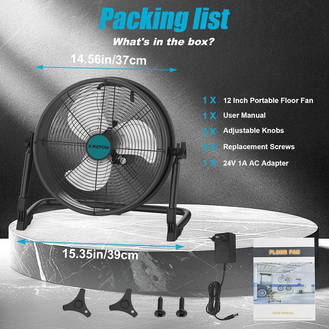 12 Zoll Akku Ventilator für Makita 18V Batterie, Tragbarer Bodenventilator mit Netzteil und USB-Ausg