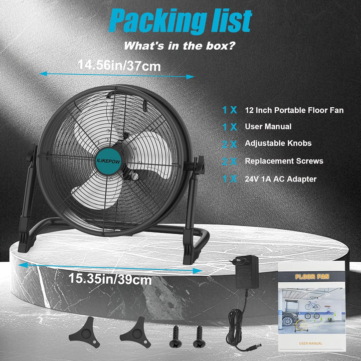 12 Zoll Akku Ventilator für Makita 18V Batterie, Tragbarer Bodenventilator mit Netzteil und USB-Ausg