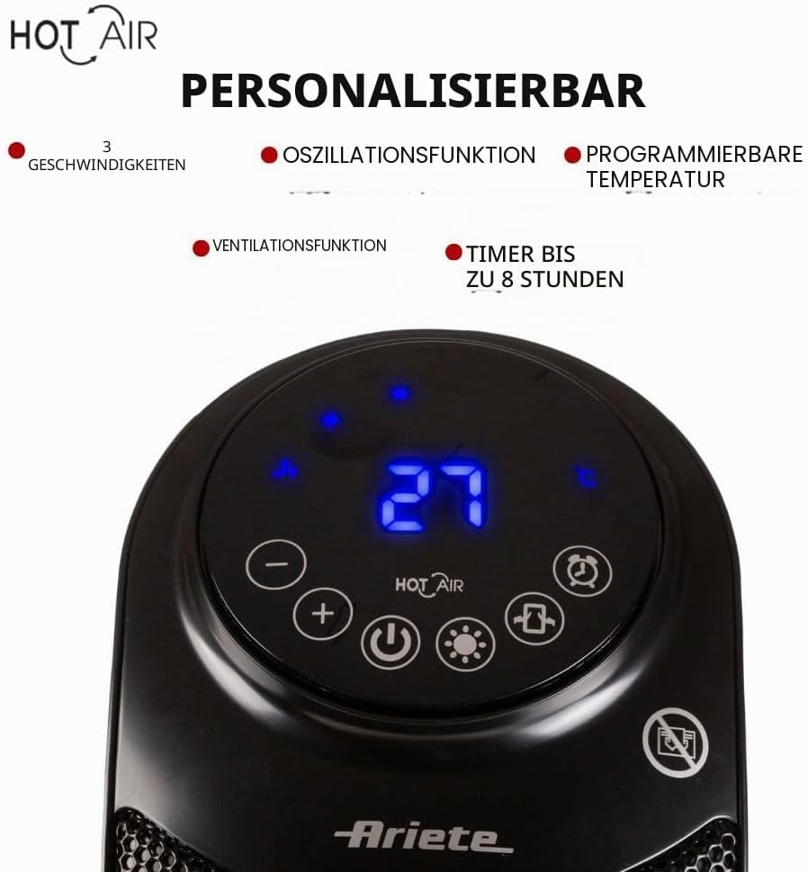 Ariete 8213 Turm-Heizlüfter, 2200 W, 3 Geschwindigkeitsstufen, Timer bis zu 8 Stunden, Ventilationsf