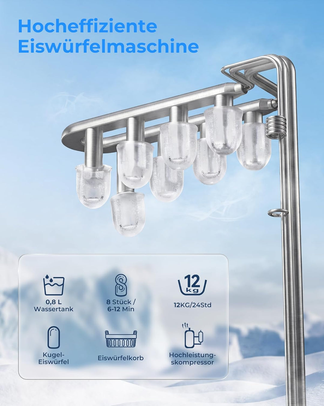 Eiswürfelmaschine Klein – Ice Maker, 8 Eiswürfel in 6 Minuten, 12 kg/24 Stunden, 2 Eiswürfelgrössen,