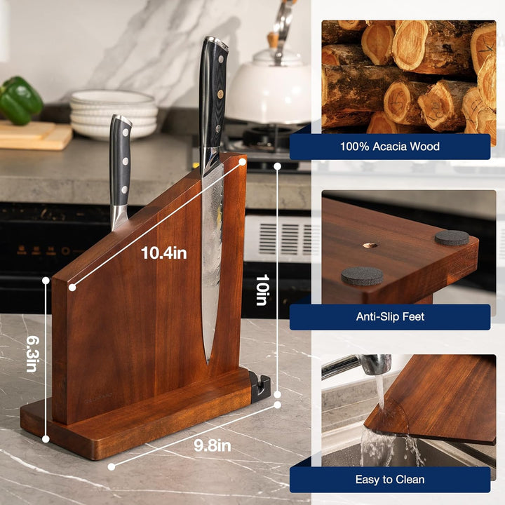 Gourmetop Messerblock Magnetisch mit Integriertem Schärfer, 100% Akazienholz Messerblock ohne Messer