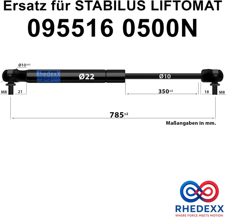 Gasdruckfeder Ersatz für Stabilus Lift-O-Mat 095516 0500N RhedexX® Gasdruckdämpfer mit M8 Winkelgele