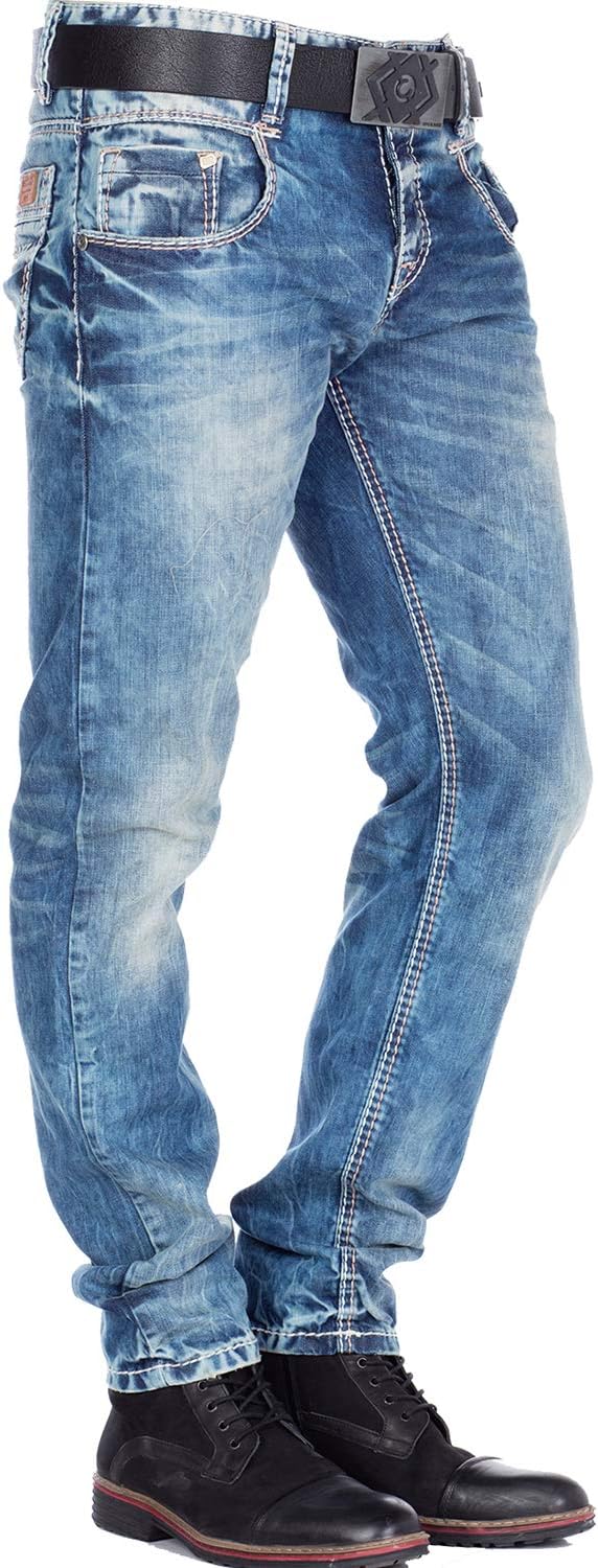 Cipo & Baxx Herren Jeans Hose Used Look Röhrenjeans Straight Fit Kontrastnähte Denim 28W / 32L C-114
