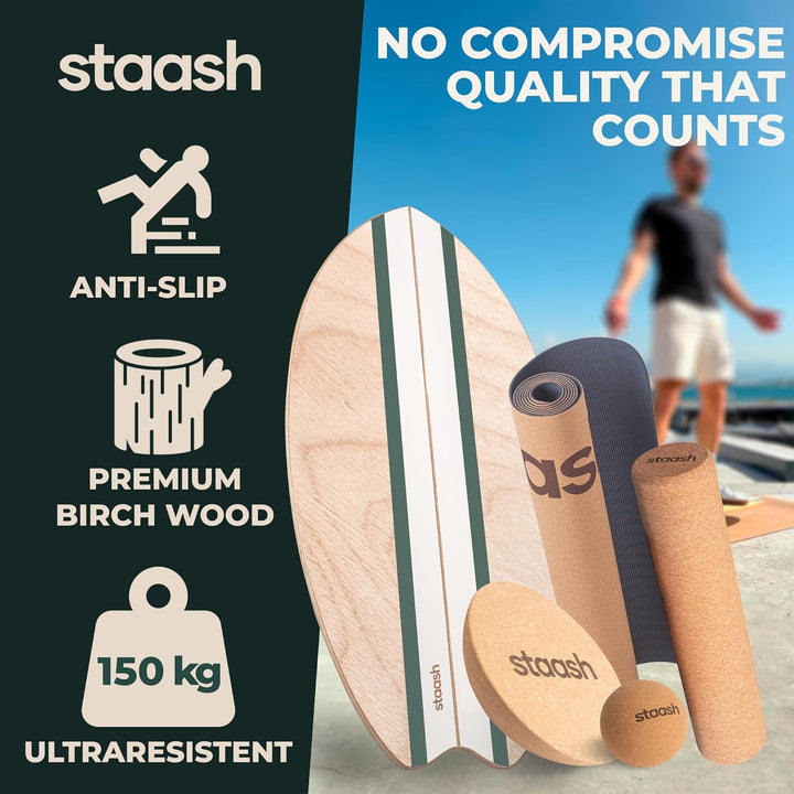 STAASH® Pro Balance Board inkl. Schutzmatte & Rolle + VIDEOKURS - Gleichgewichtstrainer für Indoor-S