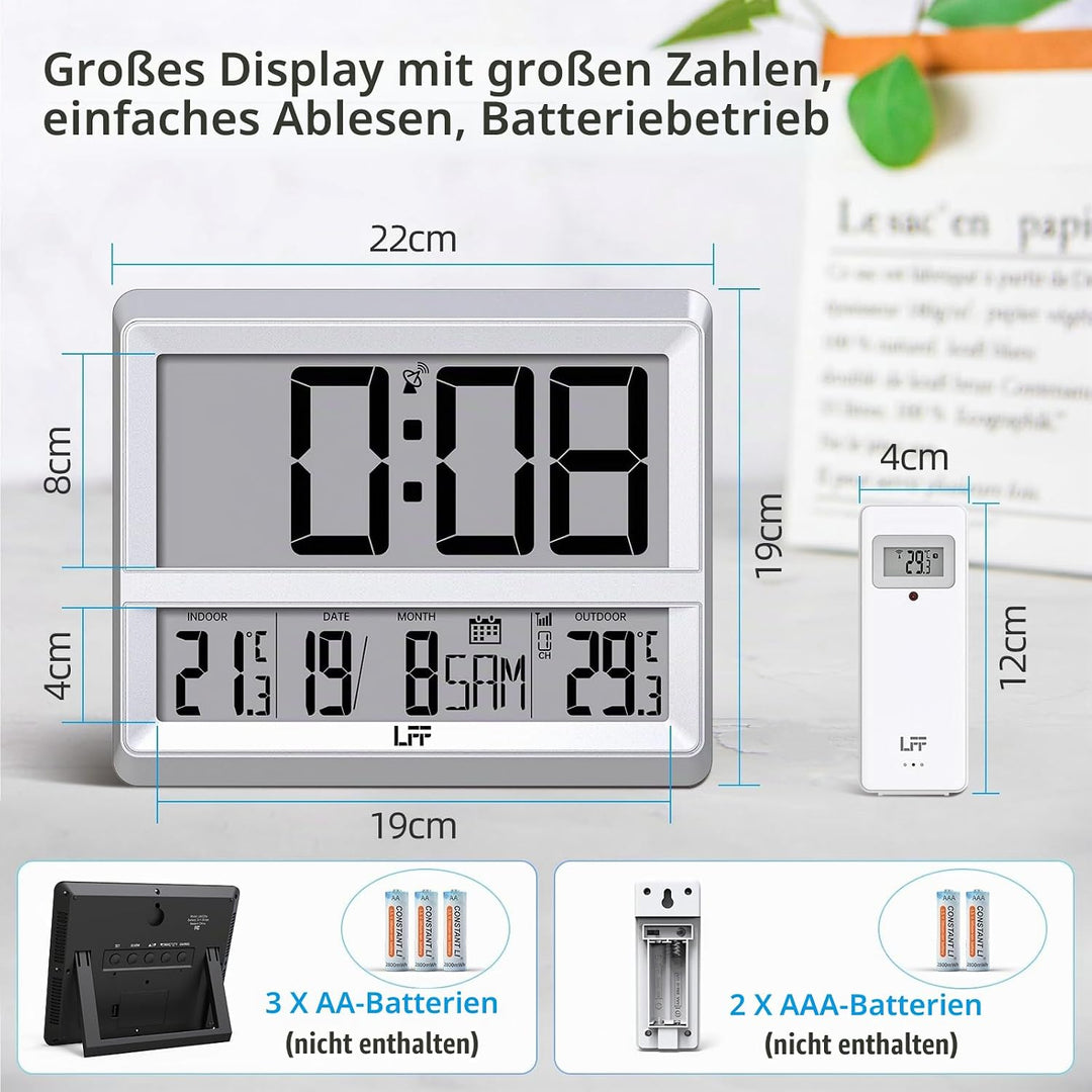Atomuhr mit Grossem Display, Digitale Wanduhr mit Temperatur Datum Innen Aussen, Drahtloser Aussense