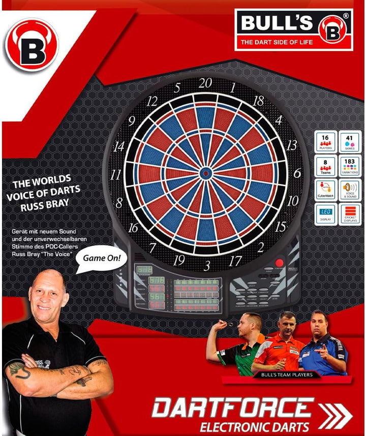 Bull's Dartforce Elektronik Dartboard/Dartscheibe/Dartautomat, Russ Bray Sound, inkl. 12 Darts
