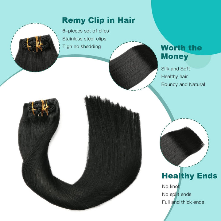 SURNEL Clip in Extensions Echthaar 50cm 120 Gramm Remy Clip in Echthaar Glatt Jet Schwarz Clip Human