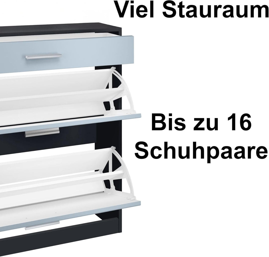 Schuhschrank Roma Schmal mit 2 Klappen und 1 Schublade, Platzsparender Schuhkipper Flurschrank für D