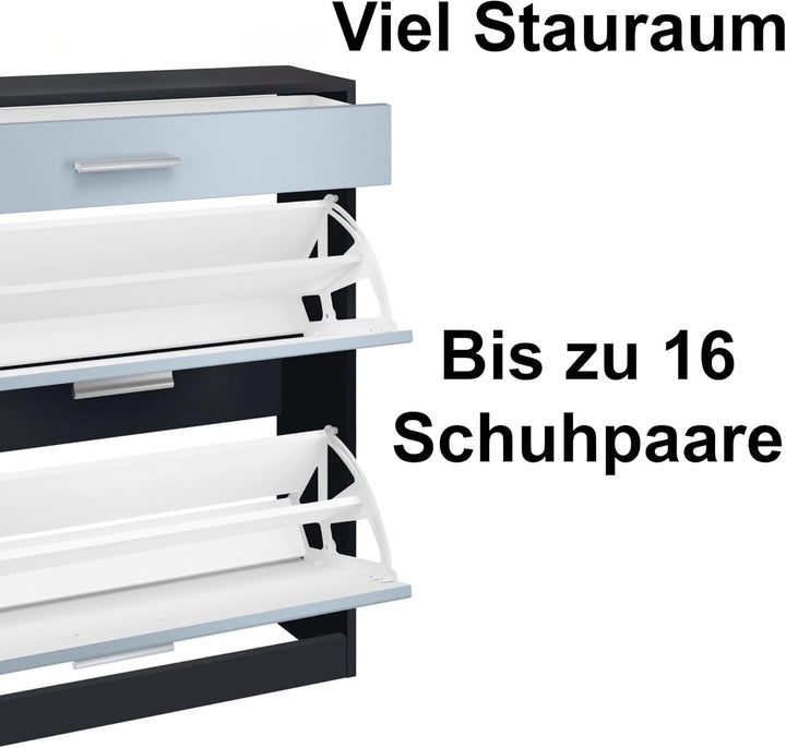 Schuhschrank Roma Schmal mit 2 Klappen und 1 Schublade, Platzsparender Schuhkipper Flurschrank für D