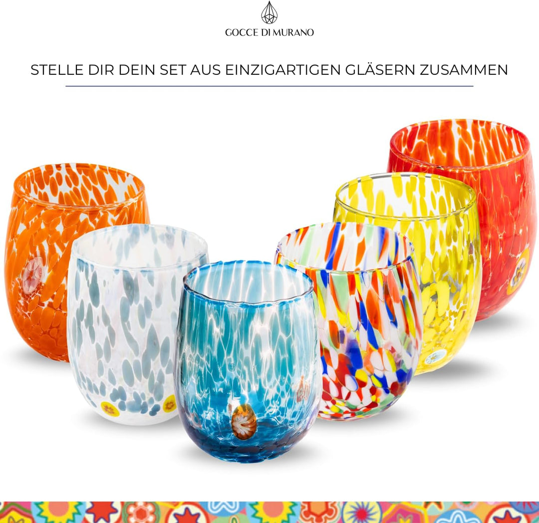 Gocce di Murano Set 6 Gläser Regenbogen Regen aus Muranoglas mundgeblasen 300 ml handgearbeitet bunt