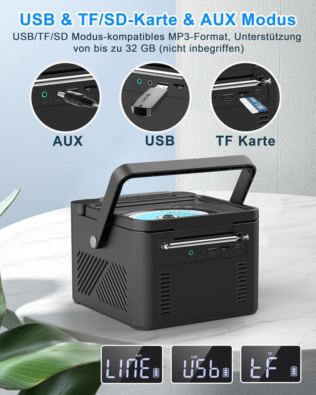 Greadio CD Player Tragbar, Boombox Kassettenspieler mit UKW Radio, Bluetooth 5.1, 5000mAh wiederaufl