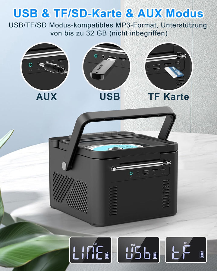 Greadio CD Player Tragbar, Boombox Kassettenspieler mit UKW Radio, Bluetooth 5.1, 5000mAh wiederaufl