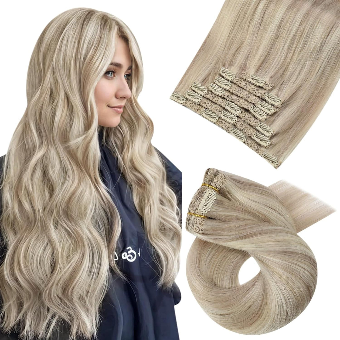 Moresoo Clip in Extensions Echthaar Aschblond mit Blond Haarverlängerung Echthaar Clip in Extensions