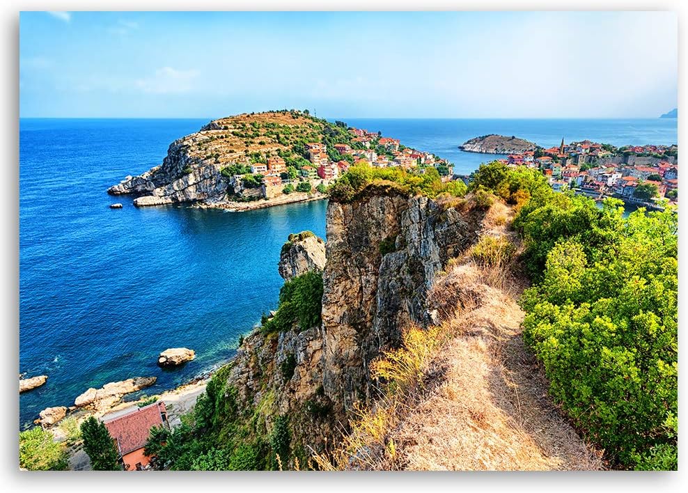 Feeby Dekobild Stadt am Meer Deko Wand Kunstdruck Landschaft Blau 70x50 cm