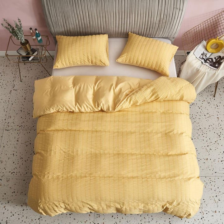Freyamy Seersucker Bettwäsche 200x220cm 3teilig Gelb Geprägt Streifen Strukturiert Bettwaren-Sets Un