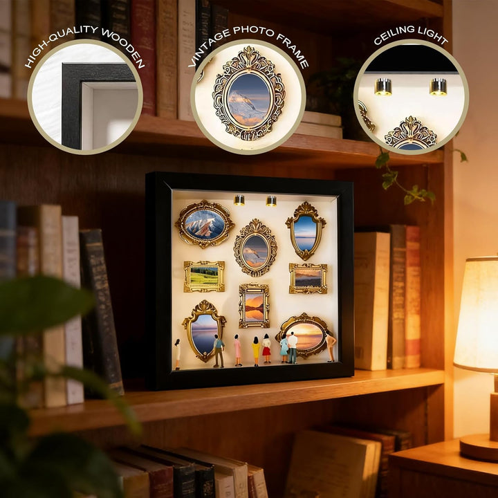DIY Mini Museum Silhouette Box, Foto Erinnerungsanzeige Set mit 8 Mini Goldene Rahmen & 8 Zufällig F
