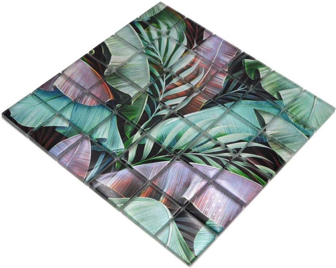Mosaikfliese Glasmosaik Regenwald Grün Violett Blätter Optik Küchenrückwand Duschwand | 10 Mosaikmat