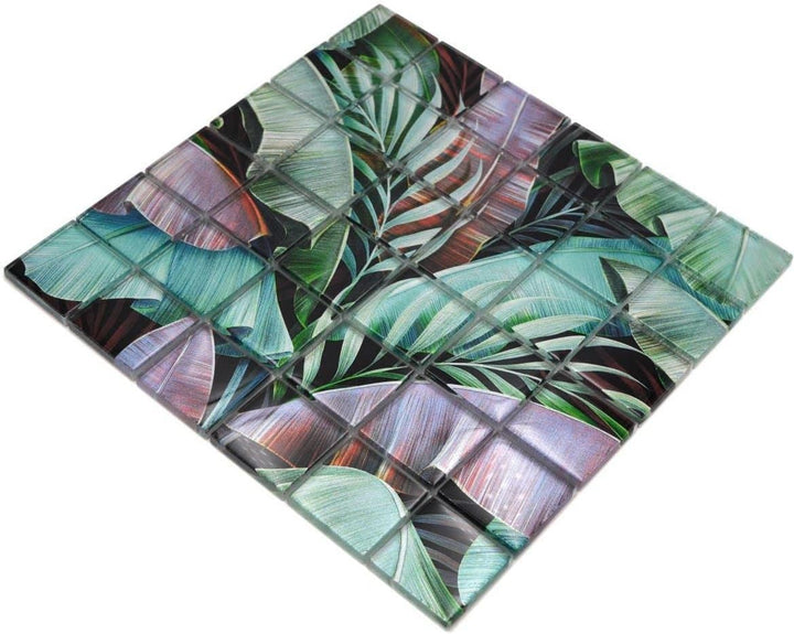 Mosaikfliese Glasmosaik Regenwald Grün Violett Blätter Optik Küchenrückwand Duschwand | 10 Mosaikmat