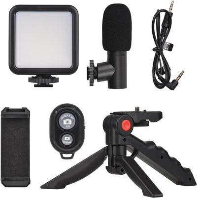 Andoer Smartphone Vlog Kit Mini LED Videoleuchte + Nierenmikrofon + Ausziehbarer Telefonclip + Stati