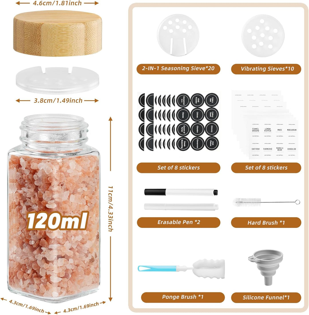 FRIBERG Gewürzgläser Eckig Set Mit Holzdeckel (24 X 120ml) Gewurzglaserset Und 160 Etiketten - Gewür