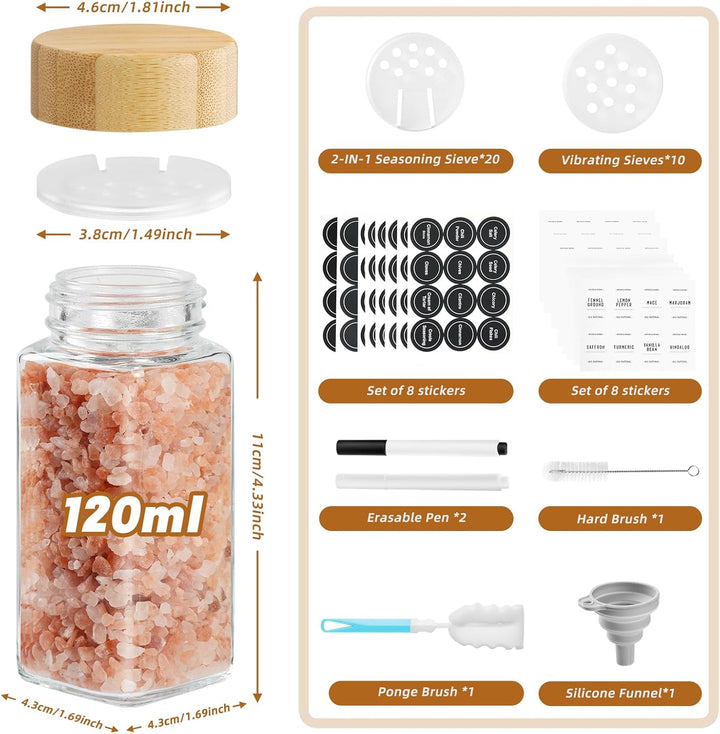 FRIBERG Gewürzgläser Eckig Set Mit Holzdeckel (24 X 120ml) Gewurzglaserset Und 160 Etiketten - Gewür