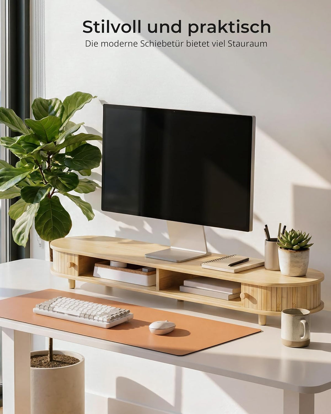 Bambus-Doppelmonitorständer mit Stauraum, gebogener Doppel-Computer-Laptopständer, Schreibtischregal