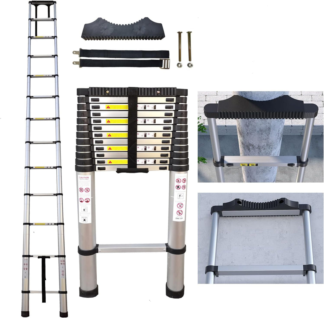 Hooha Alu Teleskopleiter Klappleiter 5,1M mit Anti-rutsch Gummipuffer Ausziehleiter Belastung 150kg