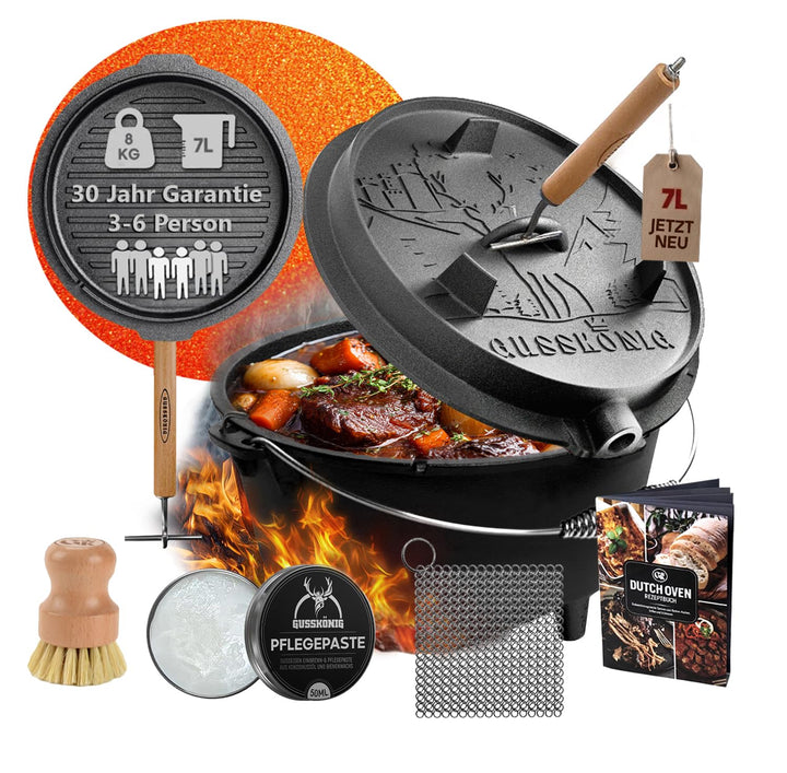 GUSSKÖNIG Dutch Oven Set–Eingebrannter Dutch Oven 7L [3–6 Person]–Feuertopf Gusseisen mit Füssen–Sch