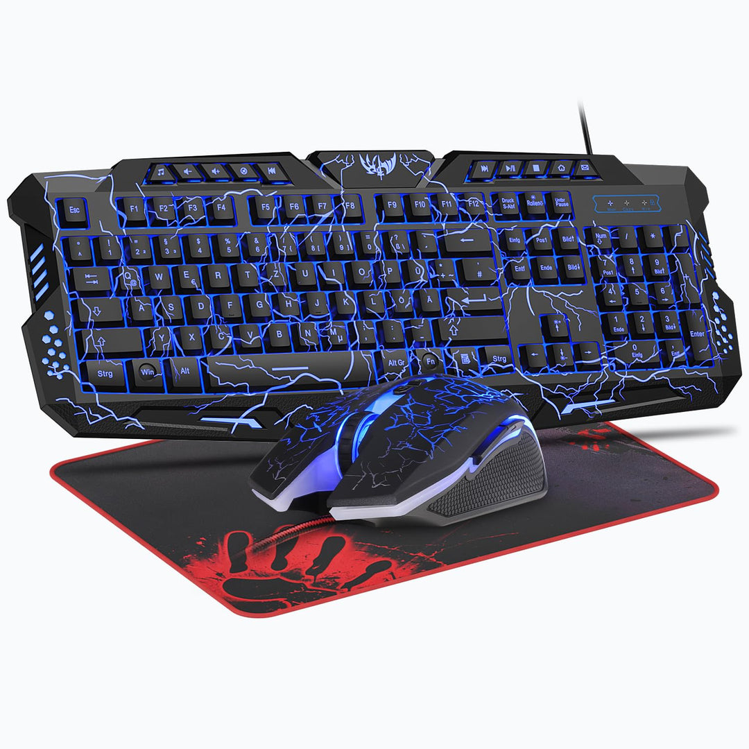 Gaming Tastatur und Maus Set, QWERTZ DE 114 Tasten Layout, LED Hintergrundbeleuchtete Kabelgebundene