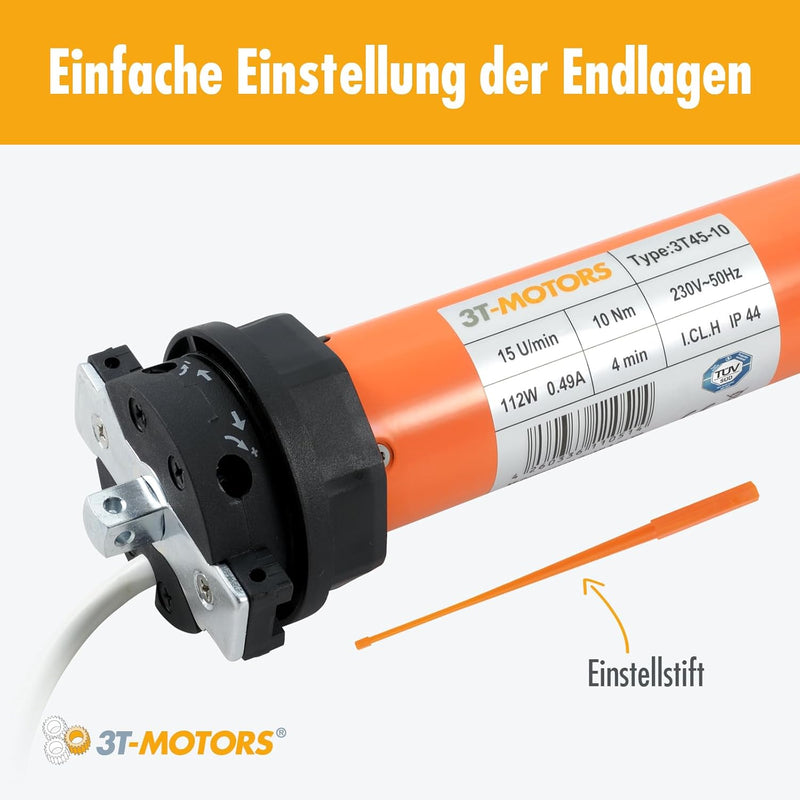 3T-MOTORS Rollladenmotor 3T45-10 (Zugkraft 10 Nm/25 kg) für 60 mm 8kant Rollladenwelle (SW60), mit m