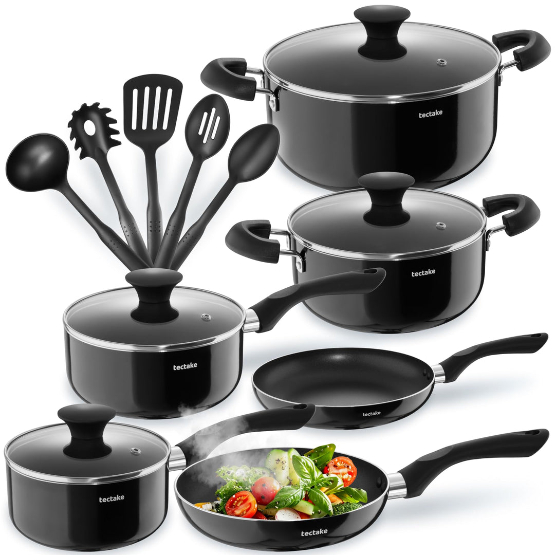 tectake® 15tlg Set mit 5x Küchenhelfer, 2x Pfanne, 4x Topf, jeweils mit Deckel, Kochtopf Set Antihaf