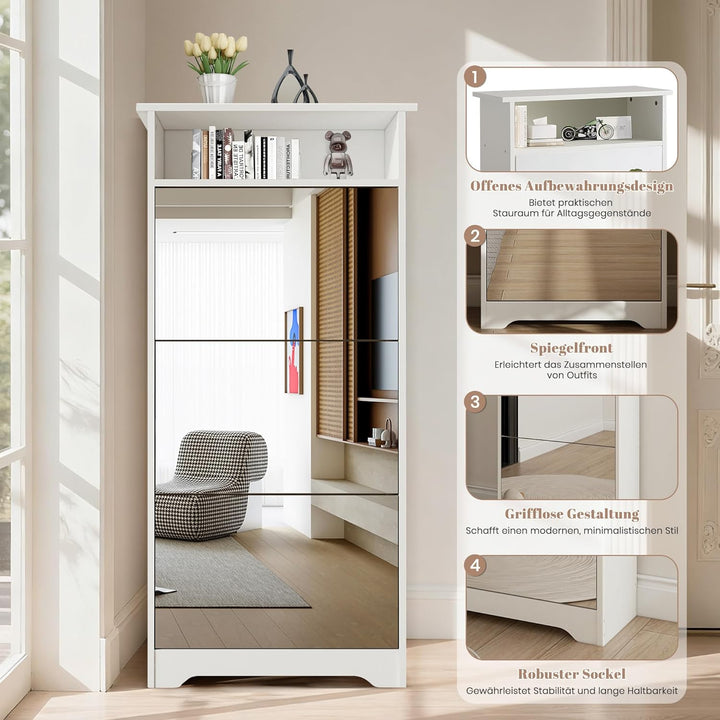 Spiegelschuhschrank mit 3 Klappfächern, Schmales Schuhaufbewahrungs-Schrank mit Spiegeltür, Freisteh