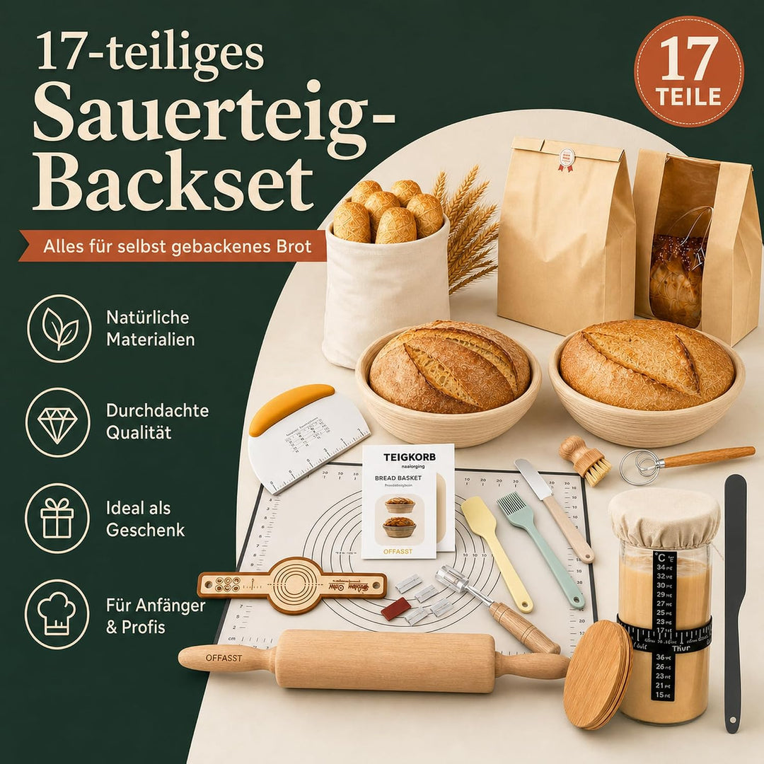 Markenname Sauerteig Starter Set, 2 Gärkörbchen 25 cm und Starterglas | Runder und ovaler Gärkorb au