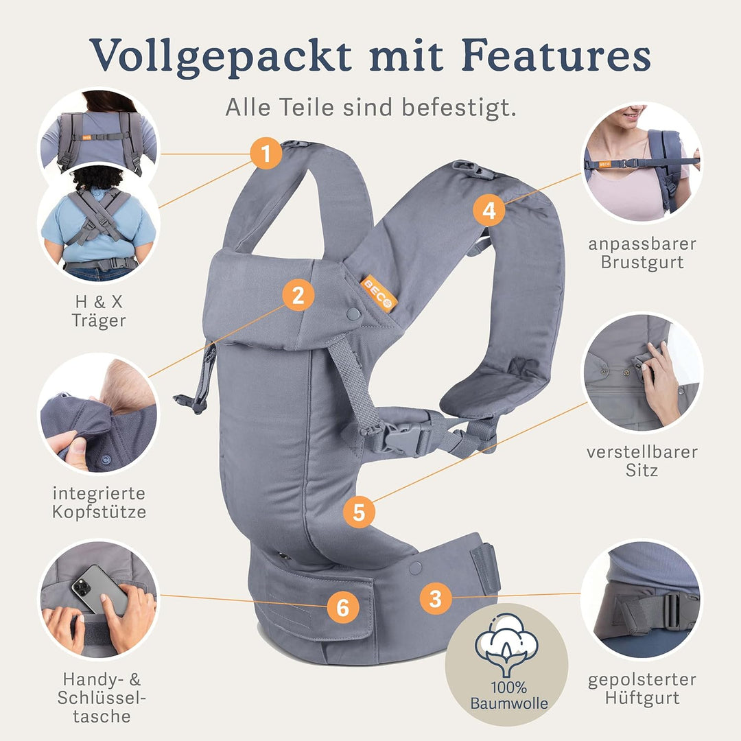 Beco Gemini Babytrage Neugeborene ab Geburt bis Kleinkind - 4 Tragepositionen Baby Trage aus 100 % B