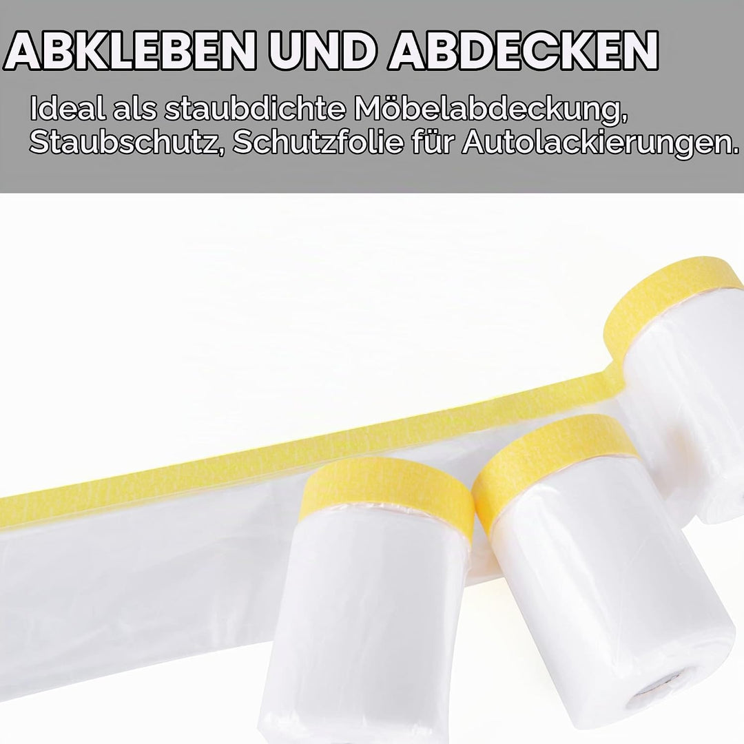 TAPEBEAR Abdeckfolie Mit Klebeband 3 Rollen, Transparent malerabdeckfolie, Selbstklebende Malerband